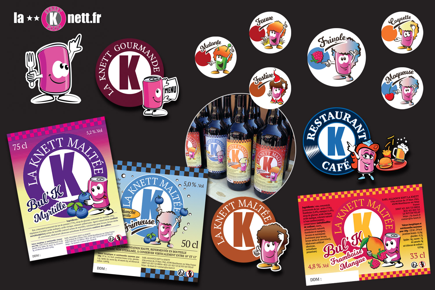 Knett maltée - branding : - étiquettes bières, cidres, pictos, personnages